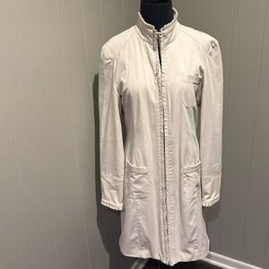 kenzie putty tiny box pleat edging hidden hook front long lined jacket. Size 8